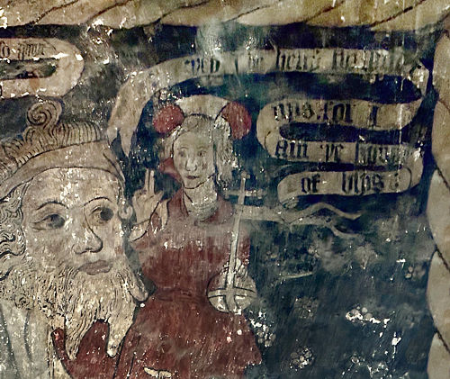 Detail of the Christ Child and inscription: ‘Ye [that] I be hevy no wonder nys, for I am the kynge of blys’