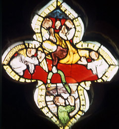 Virgin hands her girdle to St Thomas: glass panel, Beckley church, Oxfordshire