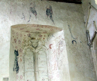 Bradwell Abbey, chapel of Our Lady, view of blocked window and splay, north wall