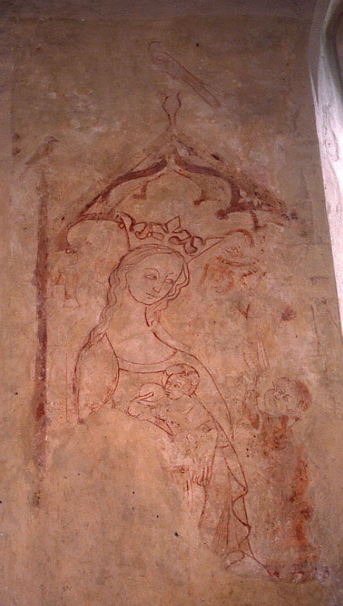 Virgin suckling Christ Child, with donor(?) and birds