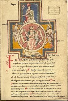 manuscript illustration from a German text of Carmina Burana, showing Fortune and her Wheel presided over by the Judging Christ