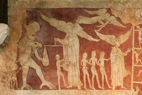 Chaldon, purgatorial ladder, upper left, Weighing of Souls