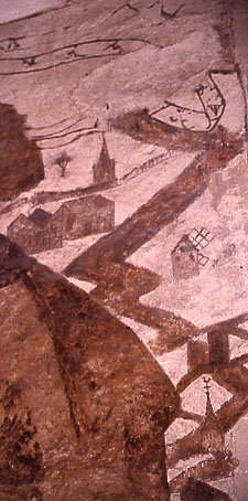 St Christopher, Cottered, detail, landscape with churches and houses