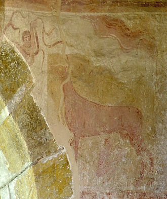 Adam pruning, Eve milking, Hardham, upper right, w. wall of chancel arch