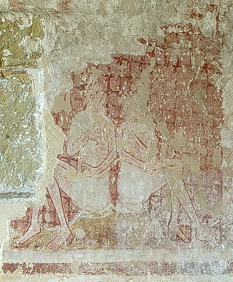 Adam and Eve seated after the Fall, lower right, w. wall of chancel, Hardham