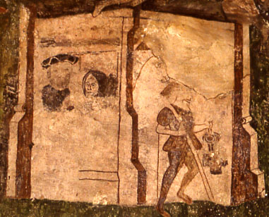 St Christopher, Hemblington, detail, Christopher with Vesena and Aquileyne in prison
