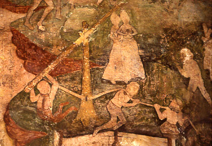 Hemblington, St Christopher, detail, the hanging of Aquylene