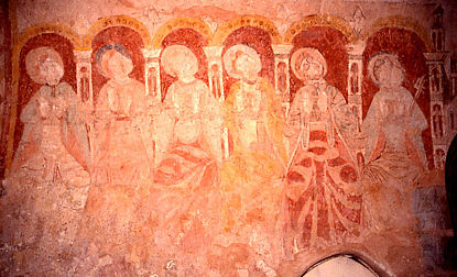Kempley, detail, six Apostles, (Peter extreme right, with key) north wall