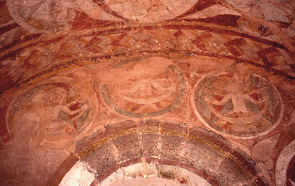 Kempley, detail, angels in medallions, possibly Thrones