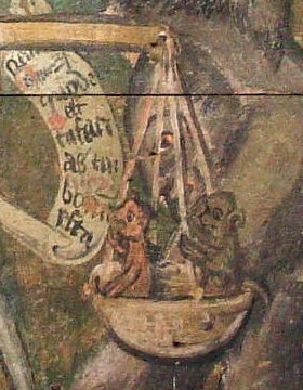 Doom, Wenhaston, detail, Devils with scroll & scale-pan
