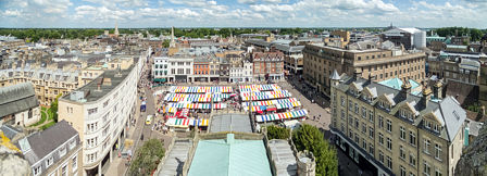 Looking East - the view includes Holy Trinity church, Market Hill and the market place and The Guildhall.
