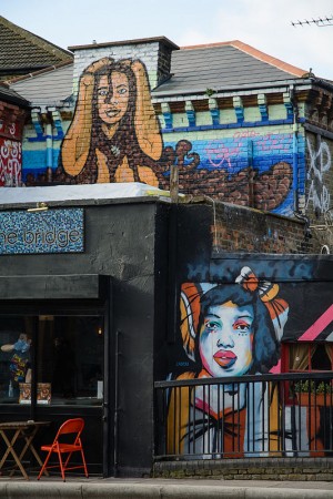 Murals on 'By The Bridge' restaurant on Kingsland Road