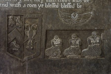 Detail of the sisters and the Yeo family crest